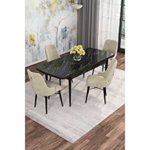 Arven Serisi 80x132 Açılabilir Mdf Siyah Mermer Desen Mutfak Masa Takımı 4 Sandalye Krem