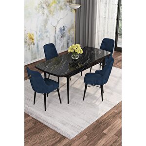 Arven Serisi 80x132 Açılabilir Mdf Siyah Mermer Desen Mutfak Masa Takımı 4 Sandalye Lacivert