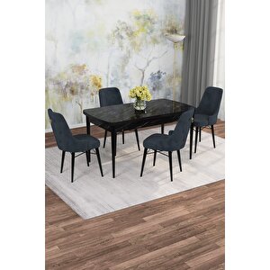 Arven Serisi 80x132 Açılabilir Mdf Siyah Mermer Desen Mutfak Masa Takımı 4 Sandalye Antrasit