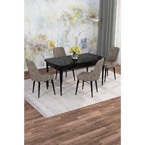 Arven Serisi 80x132 Açılabilir Mdf Siyah Mermer Desen Mutfak Masa Takımı 4 Sandalye Cappuccino