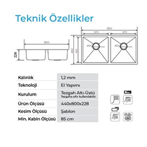 Crauf Stella 4580 Pvd Altın 2 Gözlü Paslanmaz Çelik Mutfak Eviyesi