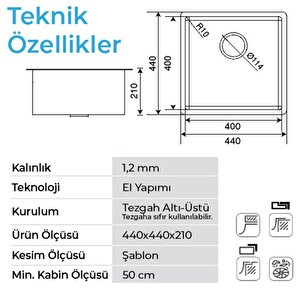 Crauf Stella 4444 Pvd Bakır 40x40 El Yapımı Paslanmaz Çelik Mutfak Eviyesi