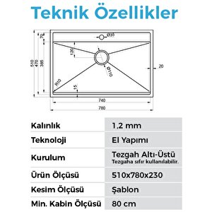 Crauf Poli 6303 Pvd Füme Tek Gözlü 51x78 Cm Paslanmaz Çelik Mutfak Eviyesi