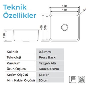 Crauf Lavello 3040 Mat Inox 37x41 Tezgah Altı Paslanmaz Çelik Mutfak Eviyesi