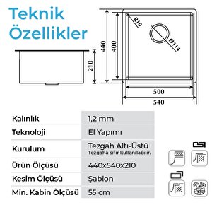 Crauf Stella 4454 Pvd Bakır 50x40 El Yapımı Paslanmaz Çelik Mutfak Eviyesi
