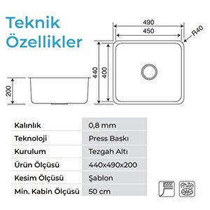 Crauf Lavello 3050 Mat Inox 40×45 Tezgah Altı Paslanmaz Çelik Mutfak Eviyesi