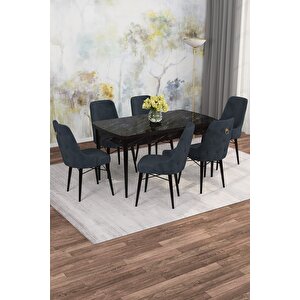 Arven Serisi 80x132 Açılabilir Mdf Siyah Mermer Desen Mutfak Masa Takımı 6 Sandalye Antrasit