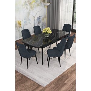 Arven Serisi 80x132 Açılabilir Mdf Siyah Mermer Desen Mutfak Masa Takımı 6 Sandalye Antrasit