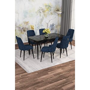 Arven Serisi 80x132 Açılabilir Mdf Siyah Mermer Desen Mutfak Masa Takımı 6 Sandalye Lacivert