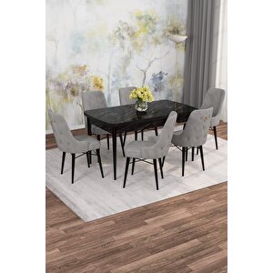 Arven Serisi 80x132 Açılabilir Mdf Siyah Mermer Desen Mutfak Masa Takımı 6 Sandalye Gri
