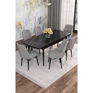 Arven Serisi 80x132 Açılabilir Mdf Siyah Mermer Desen Mutfak Masa Takımı 6 Sandalye Gri