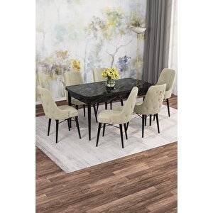 Arven Serisi 80x132 Açılabilir Mdf Siyah Mermer Desen Mutfak Masa Takımı 6 Sandalye Krem
