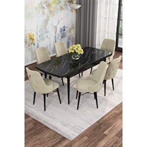 Arven Serisi 80x132 Açılabilir Mdf Siyah Mermer Desen Mutfak Masa Takımı 6 Sandalye Krem
