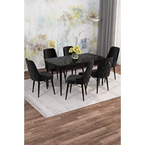 Arven Serisi 80x132 Açılabilir Mdf Siyah Mermer Desen Mutfak Masa Takımı 6 Sandalye Siyah
