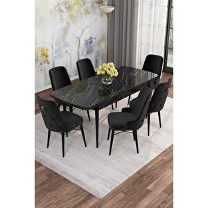 Arven Serisi 80x132 Açılabilir Mdf Siyah Mermer Desen Mutfak Masa Takımı 6 Sandalye Siyah