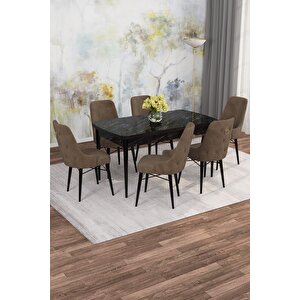 Arven Serisi 80x132 Açılabilir Mdf Siyah Mermer Desen Mutfak Masa Takımı 6 Sandalye Kahveregi