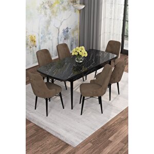 Arven Serisi 80x132 Açılabilir Mdf Siyah Mermer Desen Mutfak Masa Takımı 6 Sandalye Kahveregi