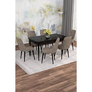 Arven Serisi 80x132 Açılabilir Mdf Siyah Mermer Desen Mutfak Masa Takımı 6 Sandalye Cappuccino