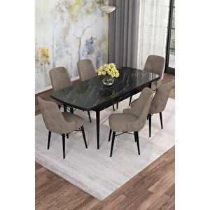 Arven Serisi 80x132 Açılabilir Mdf Siyah Mermer Desen Mutfak Masa Takımı 6 Sandalye Cappuccino