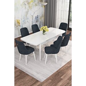 Arven Serisi 80x132 Açılabilir Mdf Beyaz Mutfak Masa Takımı 6 Sandalye Antrasit