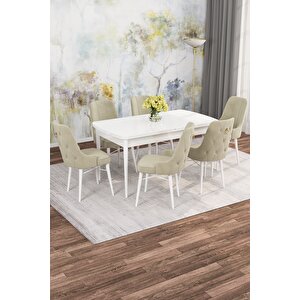 Arven Serisi 80x132 Açılabilir Mdf Beyaz Mutfak Masa Takımı 6 Sandalye Krem