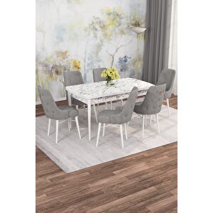 Arven Serisi 80x132 Açılabilir Mdf Beyaz Mermer Desen Mutfak Masa Takımı 6 Sandalye Gri