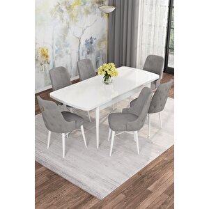 Arven Serisi 80x132 Açılabilir Mdf Beyaz Mutfak Masa Takımı 6 Sandalye Gri
