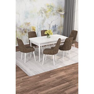Arven Serisi 80x132 Açılabilir Mdf Beyaz Mutfak Masa Takımı 6 Sandalye Kahveregi