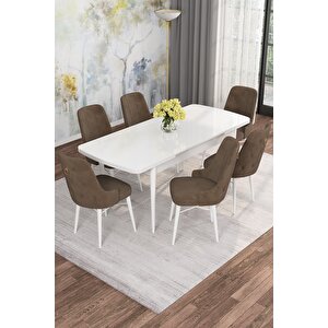 Arven Serisi 80x132 Açılabilir Mdf Beyaz Mutfak Masa Takımı 6 Sandalye Kahveregi