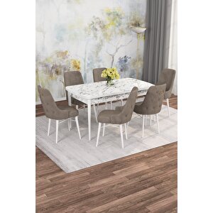 Arven Serisi 80x132 Açılabilir Mdf Beyaz Mermer Desen Mutfak Masa Takımı 6 Sandalye Mermer Desenli