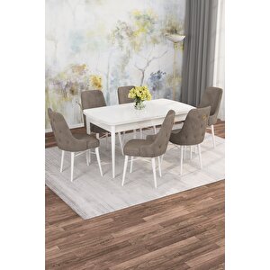 Arven Serisi 80x132 Açılabilir Mdf Beyaz Mutfak Masa Takımı 6 Sandalye Cappuccino