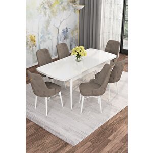 Arven Serisi 80x132 Açılabilir Mdf Beyaz Mutfak Masa Takımı 6 Sandalye Cappuccino