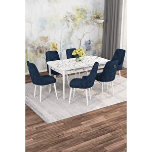 Arven Serisi 80x132 Açılabilir Mdf Beyaz Mermer Desen Mutfak Masa Takımı 6 Sandalye Mermer Desenli