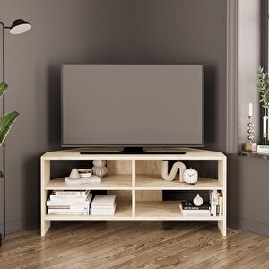 Roy B1440 Traverten Desenli Köşe Tv Sehpası – Açık Raflı 48 Inç Uyumlu