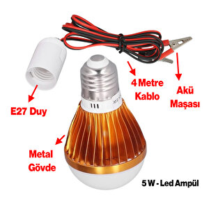Akü Pensli 4 Metre Kablolu 12 V Tasarruflu Seyyar Led Ampul 5w Lamba Anahtarlı Aydınlatma Beyaz Işık