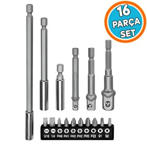 Mıknatıslı Bits Uç Adaptör Seti  Matkap Uyumlu 16 Parça 1/4 1/2 3/8 1/4 Yıldız Düz Uçlar S1 S2 Ph Uç