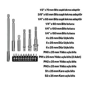 Mıknatıslı Bits Uç Adaptör Seti  Matkap Uyumlu 16 Parça 1/4 1/2 3/8 1/4 Yıldız Düz Uçlar S1 S2 Ph Uç