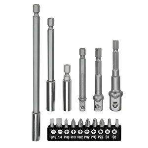 Mıknatıslı Bits Uç Adaptör Seti  Matkap Uyumlu 16 Parça 1/4 1/2 3/8 1/4 Yıldız Düz Uçlar S1 S2 Ph Uç