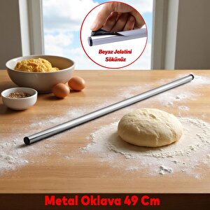 Yuvarlak Silindir Alüminyum Metal Oklava Tekli 49 Cm Mutfak Börek Hamur Un Yufka Açma Krom Renk