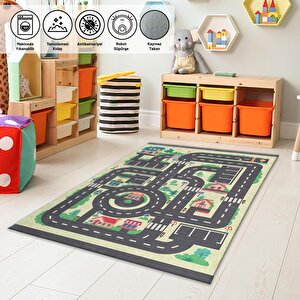 Trafik Temalı Oyun Halısı Kaymaz Tabanlı Makinada Yıkanabilir Halı Sarı Gri Renkli 100x150 cm