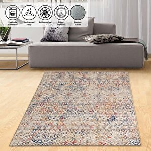 Eskitme Kilim Tasarımlı Halı Kaymaz Taban Makinada Yıkanabilir İskandinav Tarzı Bej Krem Renkli 160x300 cm