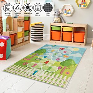 Çocuk Bebek Oyun Halısı Seksek Temalı Yıkanabilir Kaymaz Tabanlı Mavi Yeşil Renkli 160x230 cm
