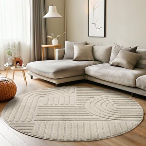 Yumuşak Peluş Tüylü İskandinav Desenli Kabarık Bukleli Krem Renkli Yuvarlak Halı 80 cm