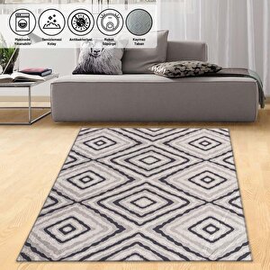 Geometrik Şık Tasarımlı Karo Desenli Halı Kaymaz Taban Makinada Yıkanabilir İskandinav Tarzı Gri Renkli 80x50 cm