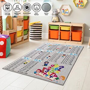 Çarpım Tablosu Temalı Kaymaz Tabanlı Makinada Yıkanabilir Halı Gri Renkli 60x100 cm