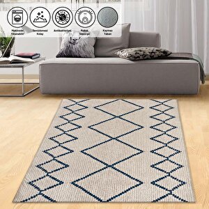 Şık Tasarımlı Karo Desenli Halı Kaymaz Taban Makinada Yıkanabilir İskandinav Tarzı Krem Renkli 80x600 cm
