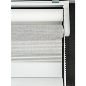 İkili Perde  Ön Gri Çizgili Tül Stor Arka Beyaz Stor 150x190 cm