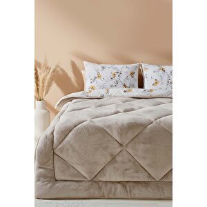 Bej Kelebek Loura Çift Kişilik Çift Taraflı Lüx Wellsoft Yorgan Seti 195x215 Cm