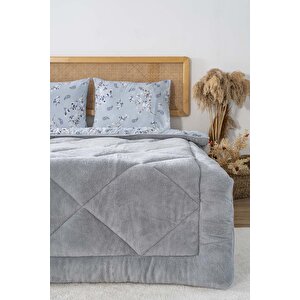 Gri Çiçekli Loura Çift Kişilik Çift Taraflı Lüx Wellsoft Yorgan Seti 195x215 Cm