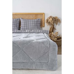 Gri Kareli Loura Çift Kişilik Çift Taraflı Lüx Wellsoft Yorgan Seti 195x215 Cm